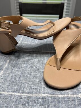 Nude Block Heel Thong Sandals with Ankle Strap